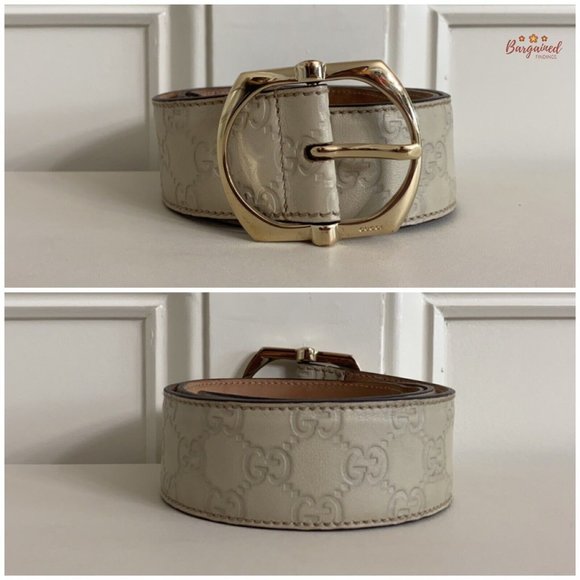 Authentic Gucci Cream GG Embossed Signature Leather Gold Pin Buckle Belt 85/34 - Picture 4 of 14